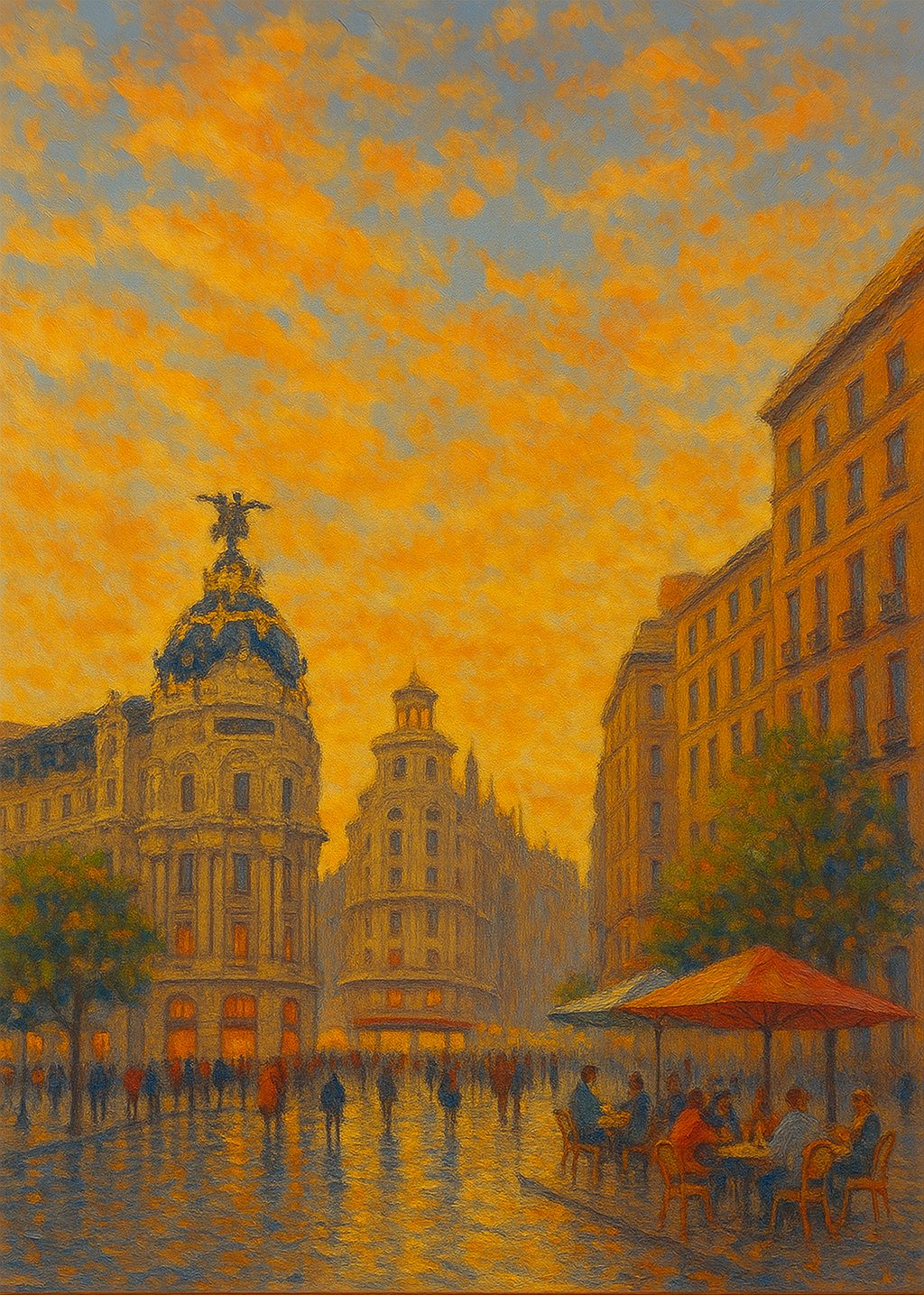 cuadro pintado a mano atardecer en madrid